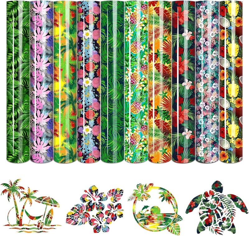 Tintnut Tropical Leaves Heat Transfer Vinyl - 10 Sheets 10x12 Inch Bundle Pineapple Hawaiian Floral Pattern Iron on Vinyl Coconut Tree Palm Printed HTV DIY T-Shirt Hat for Cricut or Silhouette Cameo - Image 1